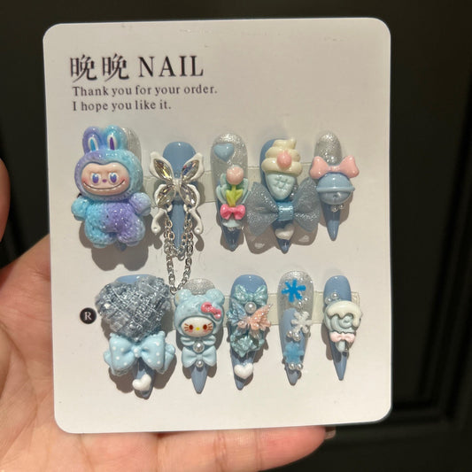 Handmade Blue Kawaii Long Stiletto Press On Nails, 3D Cartoon Character False Nails with Bow, Butterfly & Resin Charms