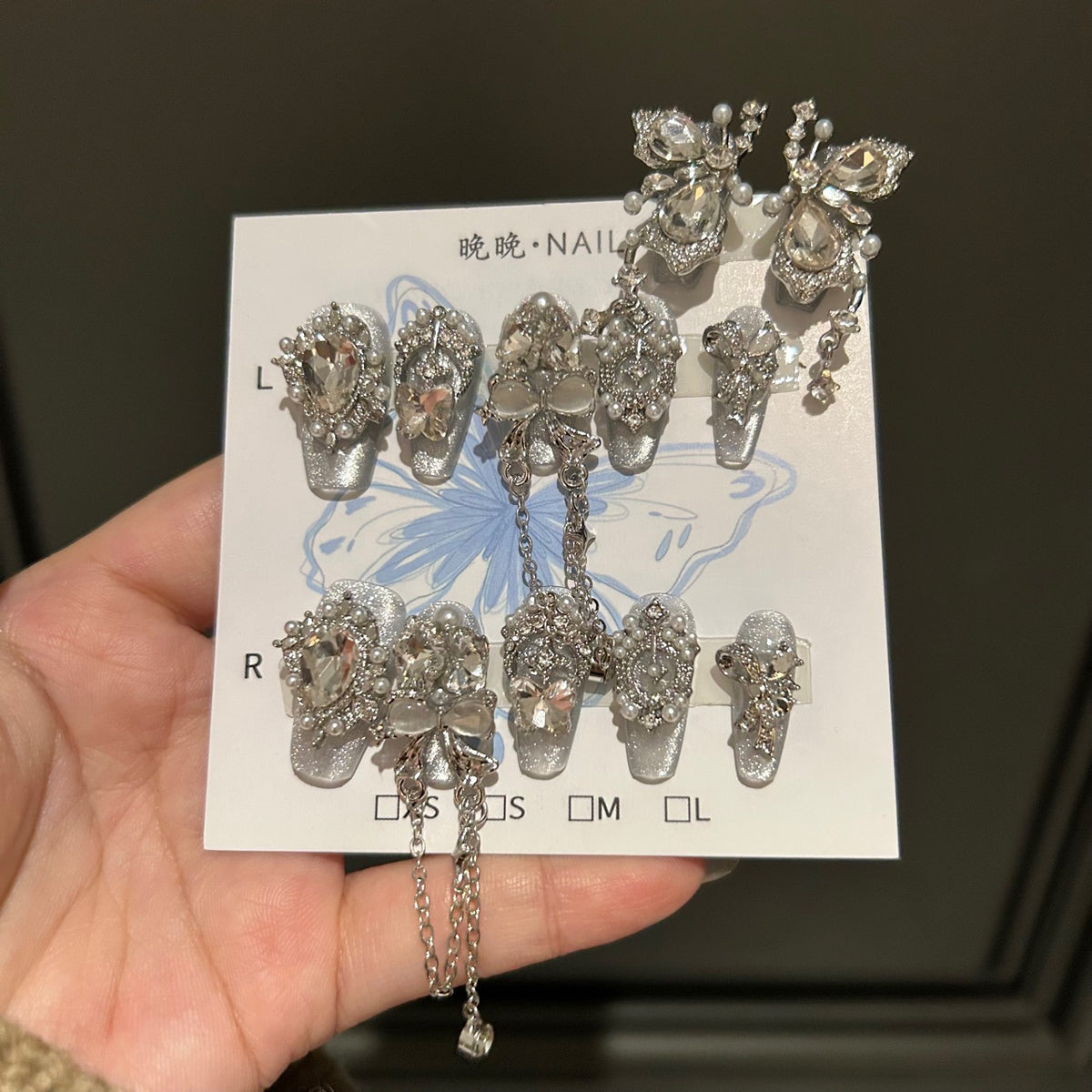 Handmade Silver Cat Eye Long Coffin Press On Nails with Giant Rhinestone Butterfly, Pearls & Dangling Chain Charms