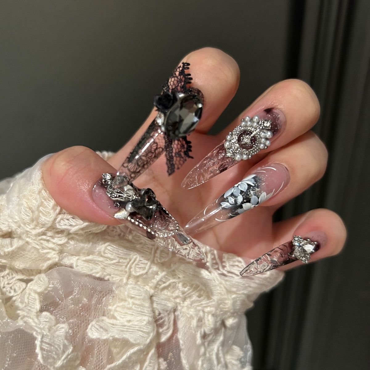 Handmade Smoky Grey Ink Wash Long Stiletto Press On Nails with Black Lace, White Floral & Giant Crystal Charms