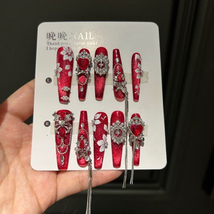 Handmade Red Cat Eye Press On Nails | Luxury Heavy Industry Red Gemstone, White Floral & Tassel Chain Reusable Fake Nails