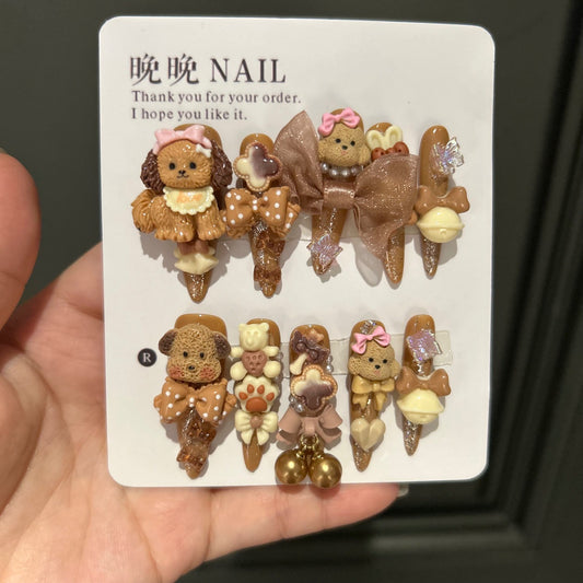 Handmade Brown Kawaii 3D Teddy Dog Long Stiletto Press On Nails with Bows, Bells & Bear Charms