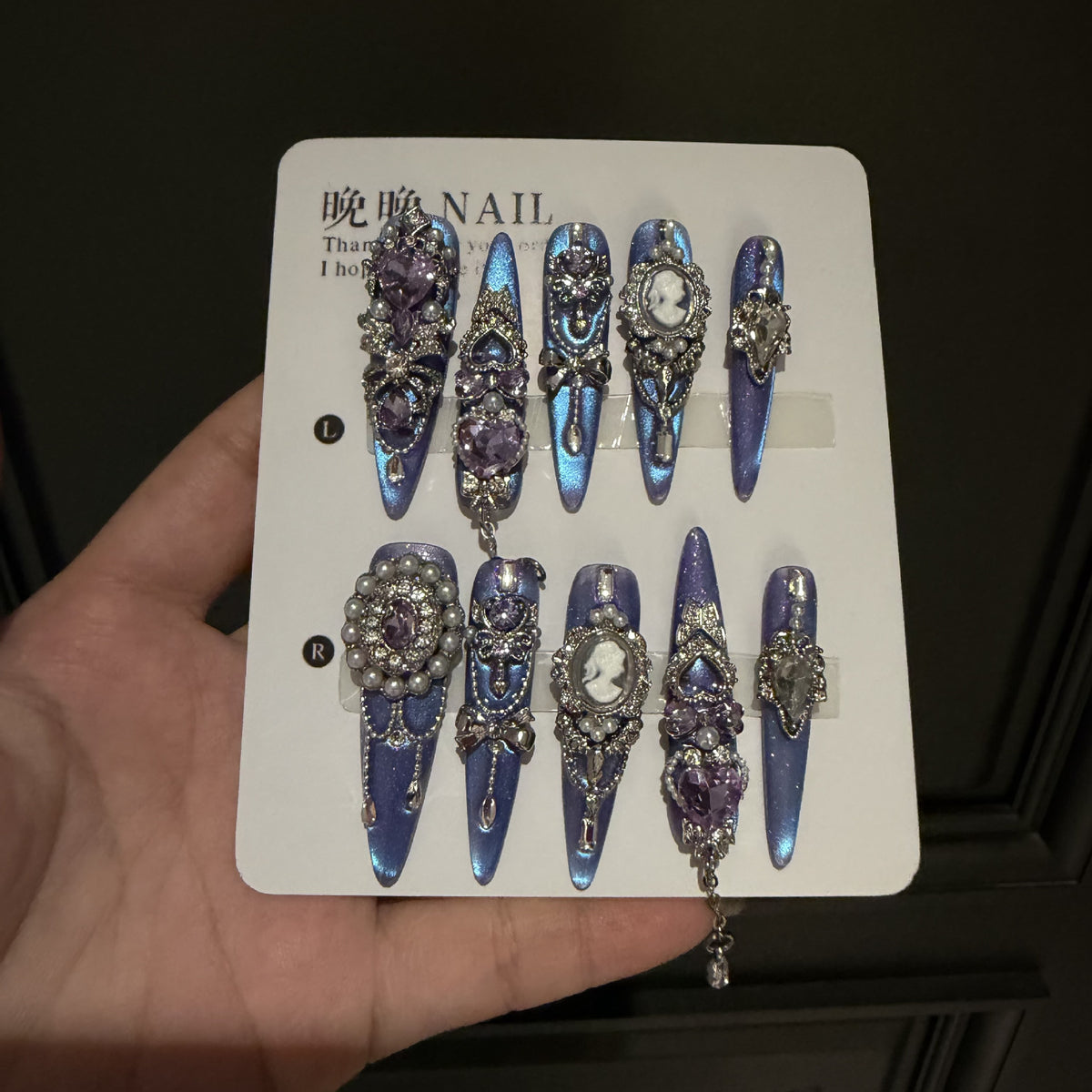 Handmade Blue Purple Cat Eye Long Stiletto Press On Nails with Purple Heart Crystals, Cameo Portrait & Dangling Chain Charms