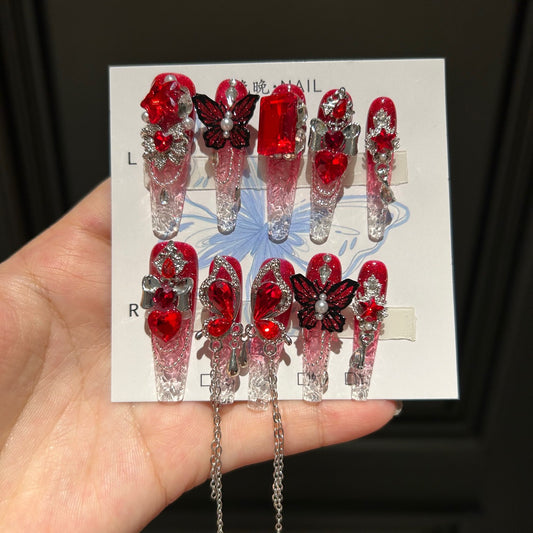 Handmade Red Glitter Ombre Clear Long Coffin Press On Nails with Red Heart Crystals & Black Butterfly Charms