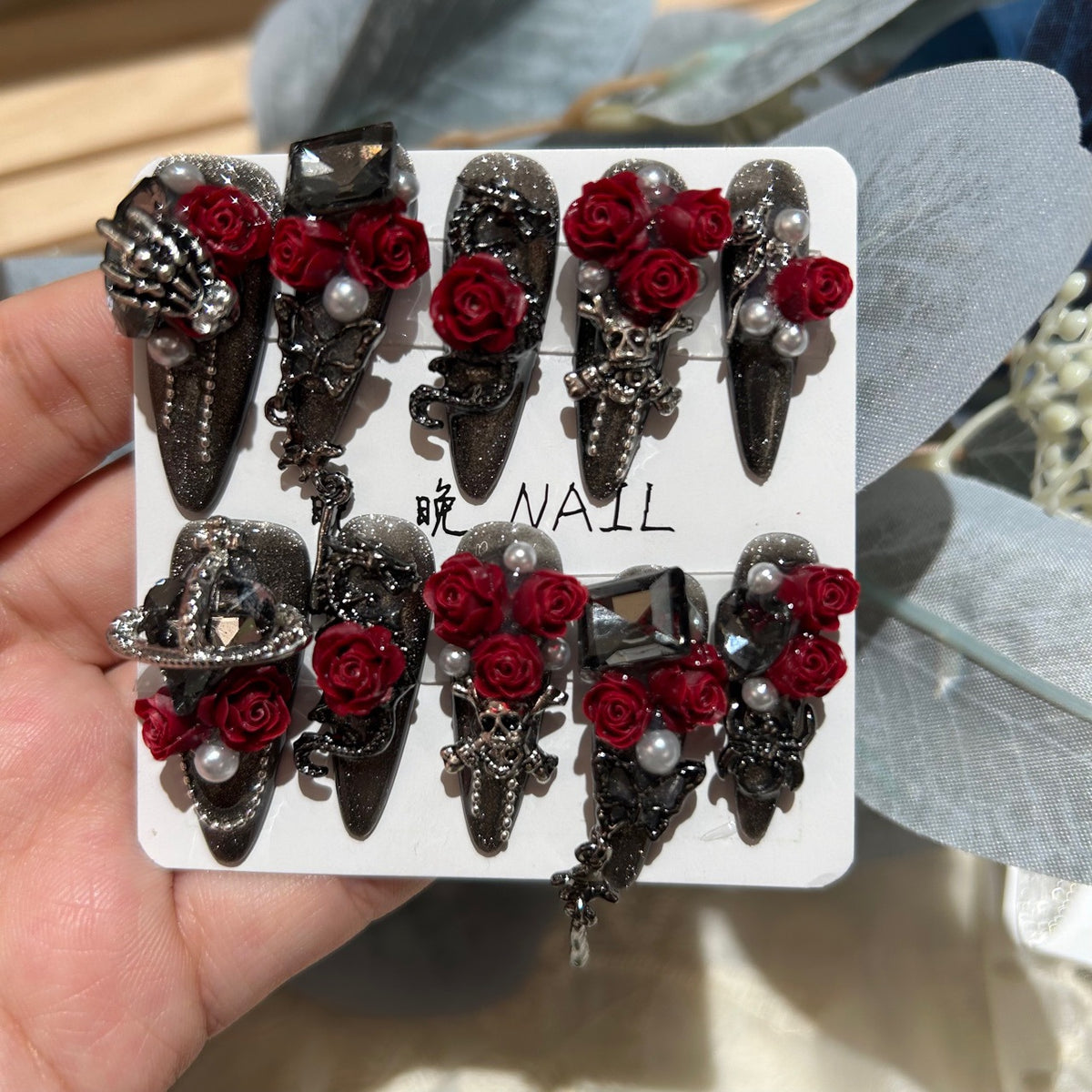 Handmade Black Glitter Gothic Long Stiletto Press On Nails with 3D Red Roses, Skeleton & Saturn Charms