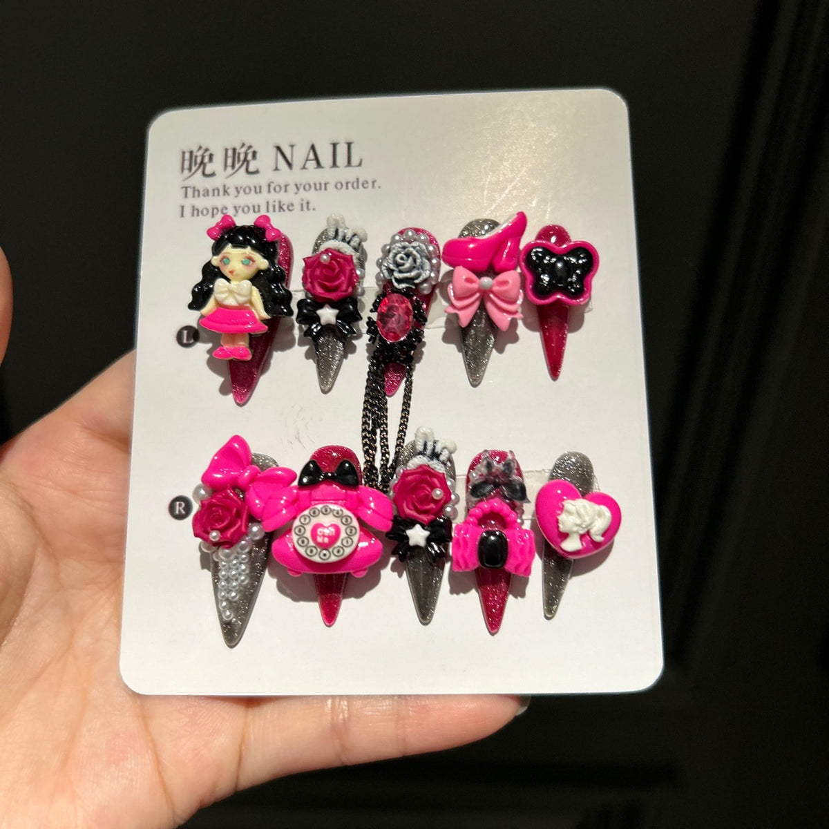 Black & Pink Cat Eye Stiletto Press-on Nails with 3D Anime Doll, Retro Telephone, Rose Flower, High Heels, and Interlinked Chain - Y2K Kawaii Fake Nail Set