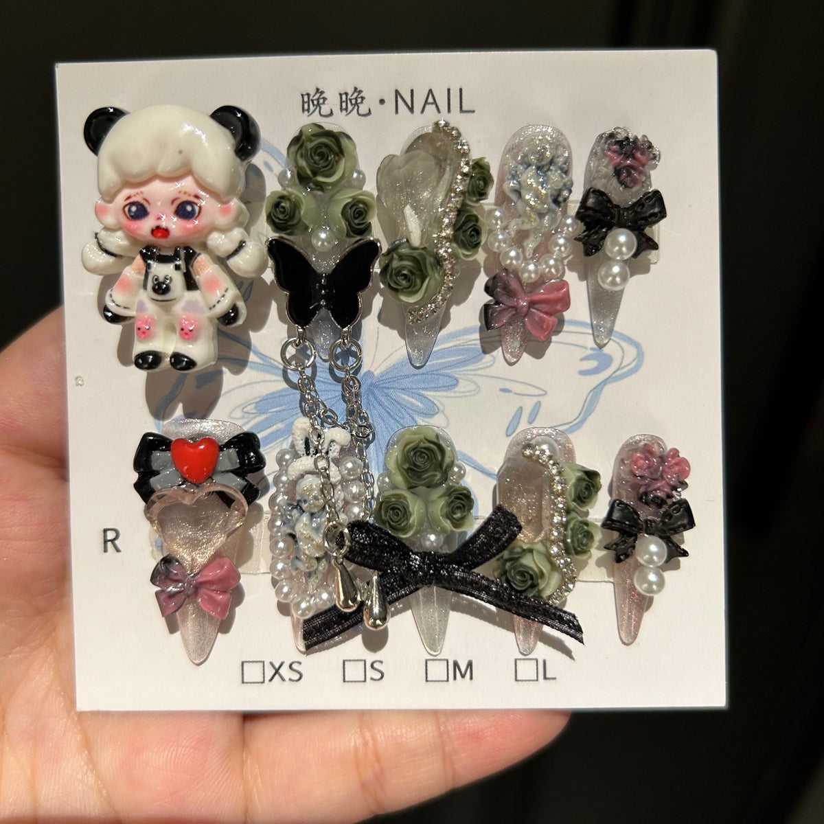 Handmade Clear Glitter Long Stiletto Press On Nails with 3D Panda Girl Resin Charms, Dark Green Roses, Butterfly, Fabric Bows, Pearls & Dangling Chains