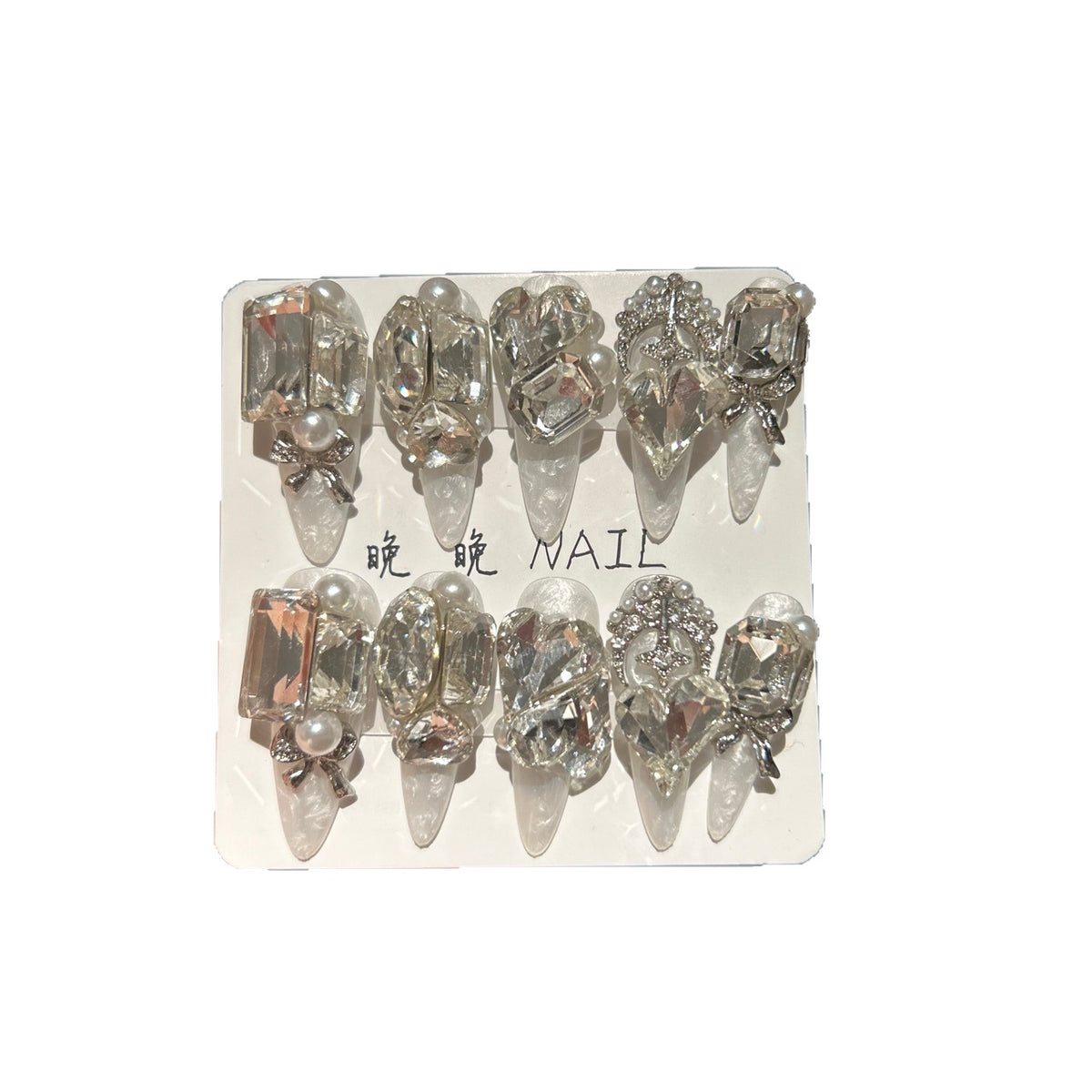 Handmade Clear Crystal Luxury Long Stiletto Press On Nails with Pearls & Silver Bow Charms