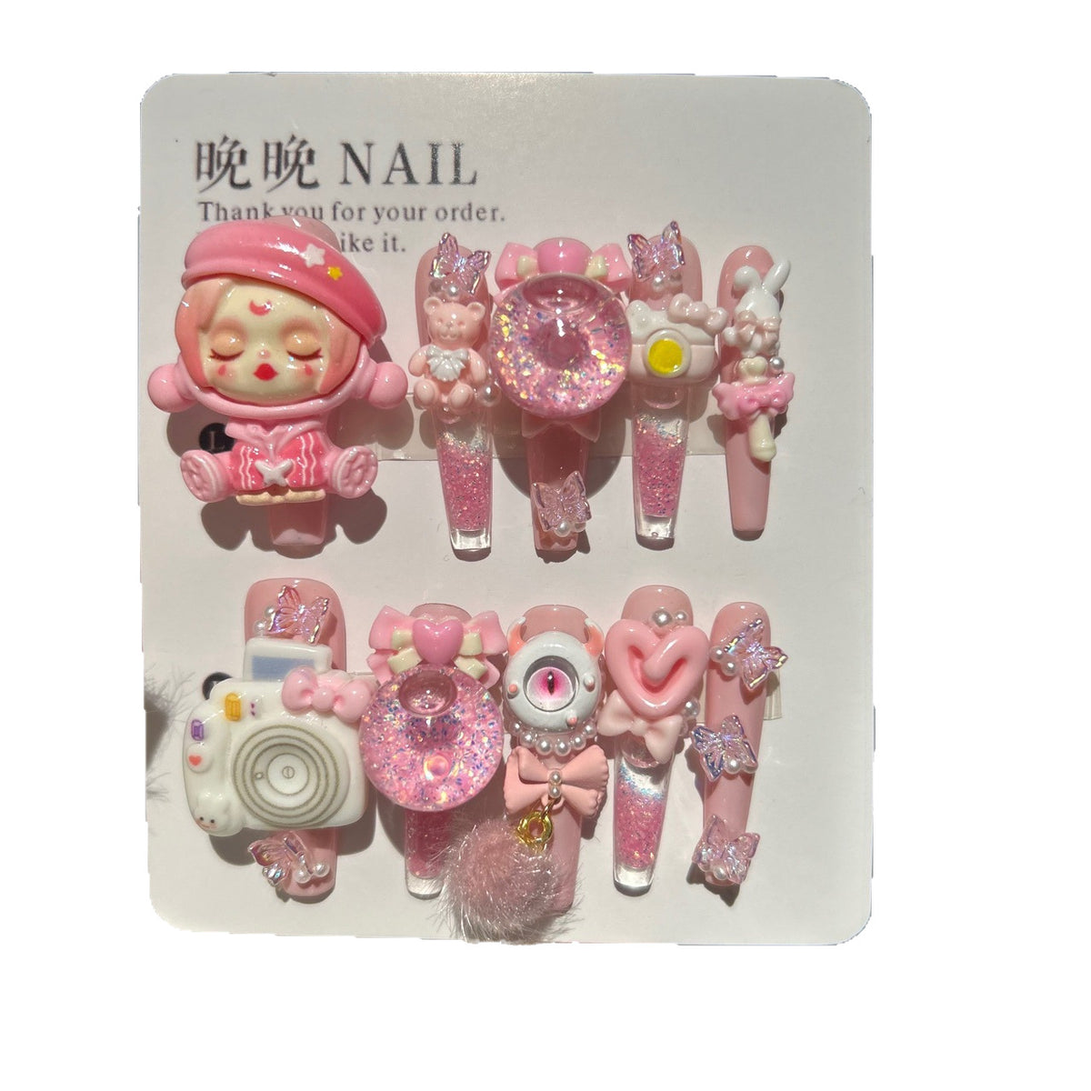 Handmade Pink Kawaii Press On Nails, Long Stiletto Weirdcore False Nails with 3D Sleeping Doll, Camera, Eyeball, Bunny & Bear Charms, Glitter Bubble Ball, Butterfly & Bow Rhinestones, Reusable Fake Nails for Cosplay & Party