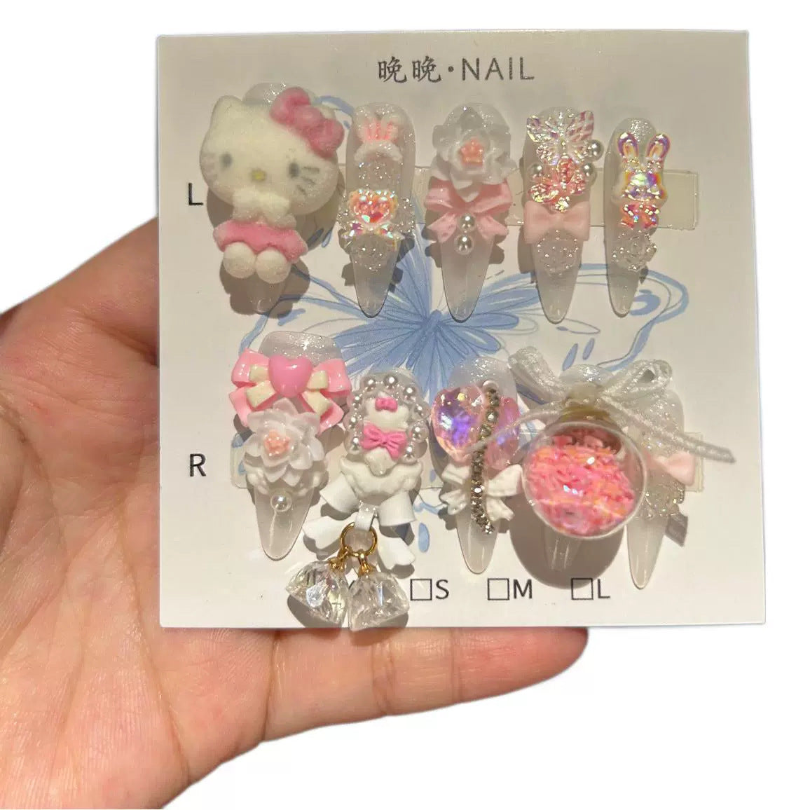 Handmade Clear Glitter Long Stiletto Press On Nails with 3D Flocked Cartoon Character, Bows & Shaker Bubble Charms