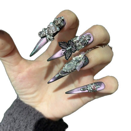 Handmade Purple Cat Eye Long Stiletto Press On Nails with Black Butterfly, Pink Crystal & Vintage Cameo Charms