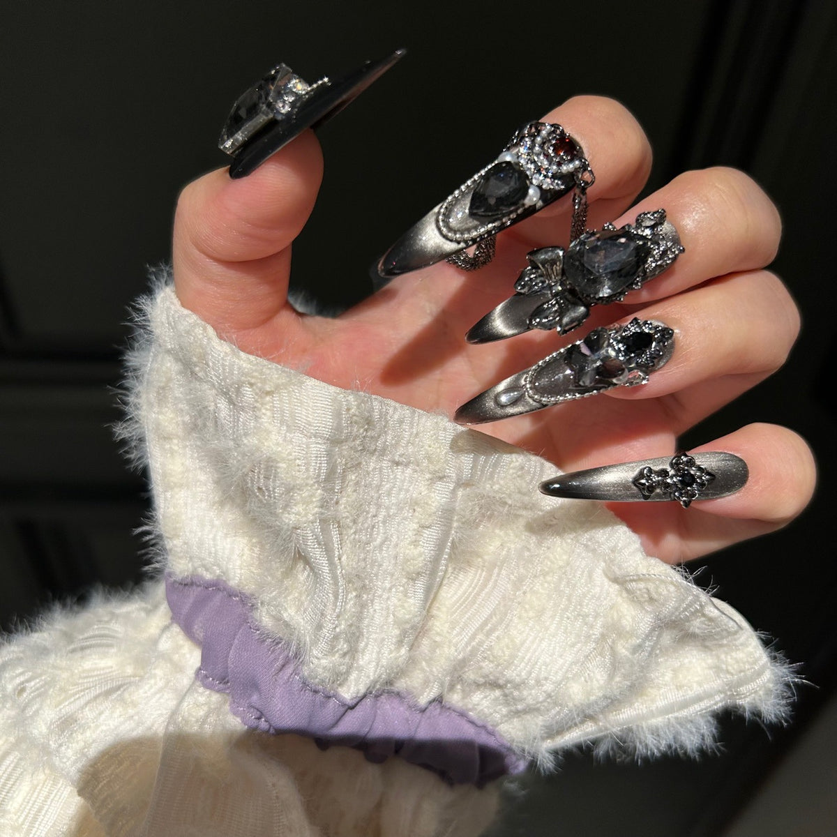 Handmade Metallic Black Angel Long Stiletto Press On Nails with Dark Crystals & Multi Chains