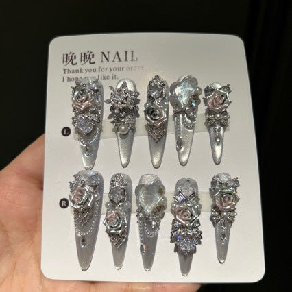 Silver Metallic Stiletto Press-on Nails with 3D Rose, Rhinestone, and Clear Heart Charms - Luxury Fake Nail Set
