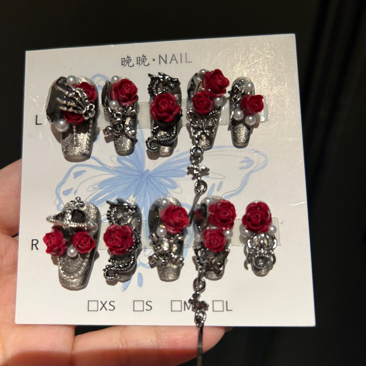 Handmade Metallic Silver Gothic Long Coffin Press On Nails with 3D Red Roses, Skeleton Hand & Dragon Metal Charms, Pearls & Dangling Chains