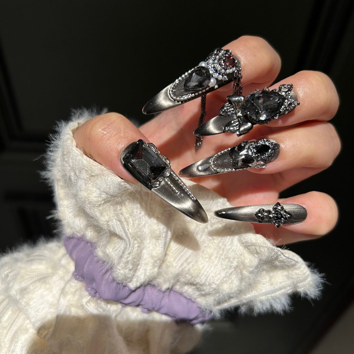 Handmade Metallic Black Angel Long Stiletto Press On Nails with Dark Crystals & Multi Chains