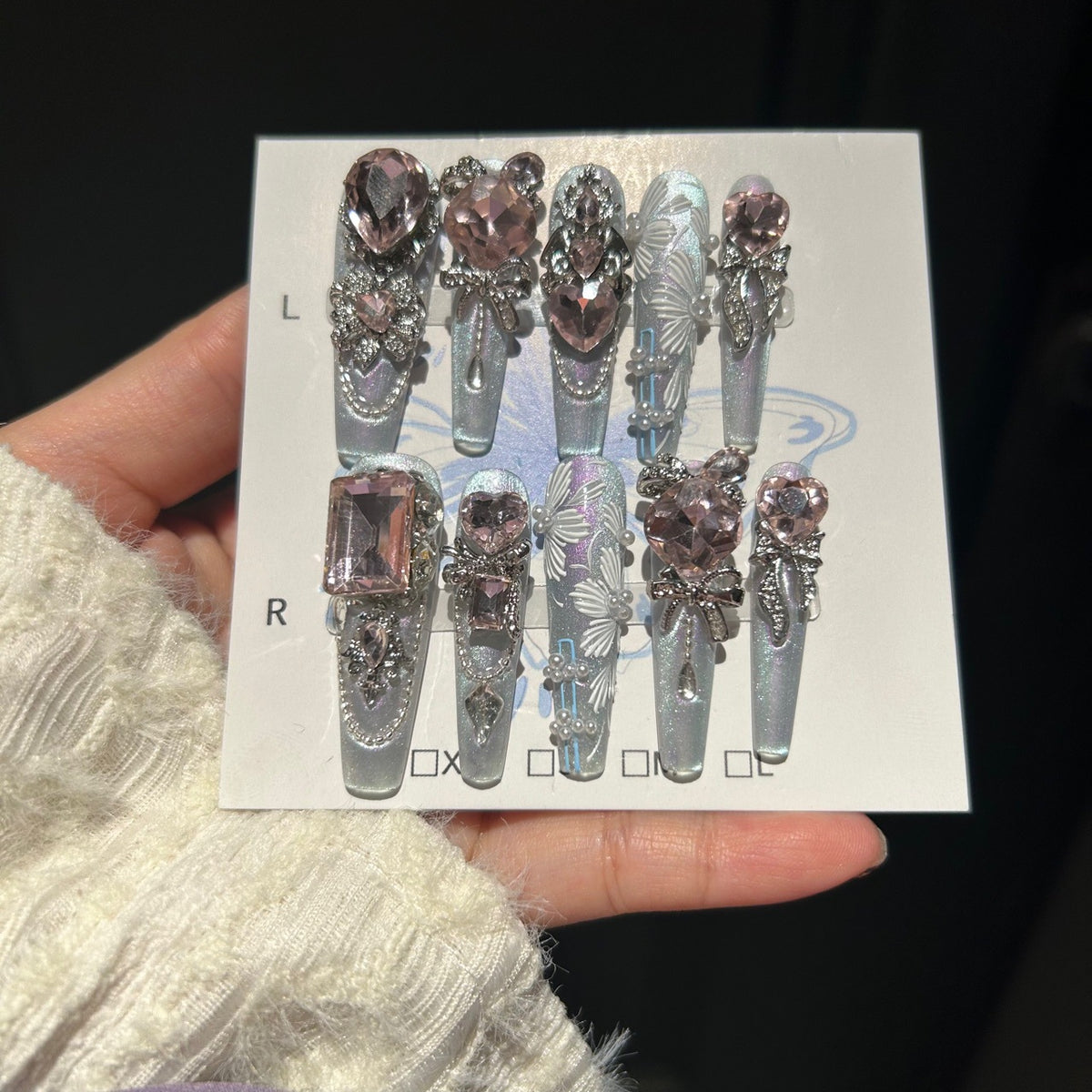 Handmade Light Blue Pink Heart Crystal Long Coffin Press On Nails with Butterfly & Pearls