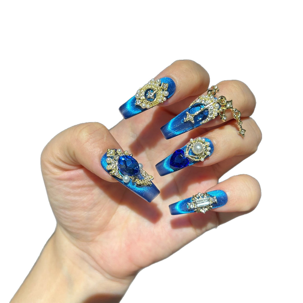 Handmade Sapphire Blue Cat Eye Long Coffin Press On Nails with Large Sapphire Crystals, Gold Star & Butterfly Charms, Pearls & Dangling Gold Chains