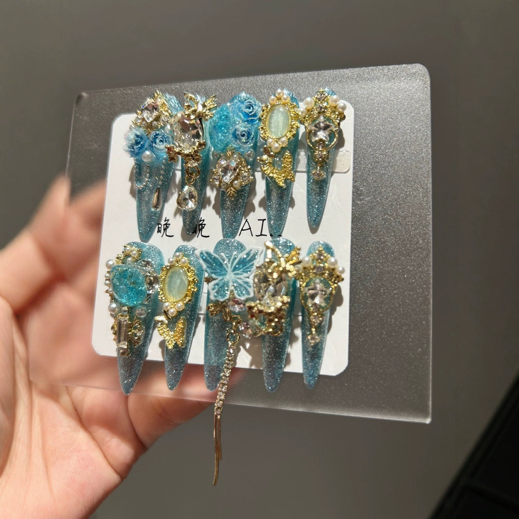 Handmade Sparkly Turquoise Glitter Long Stiletto Press On Nails with 3D Blue Roses, Gold Butterfly Charms, Oval Gemstones & Gold Chain Tassels