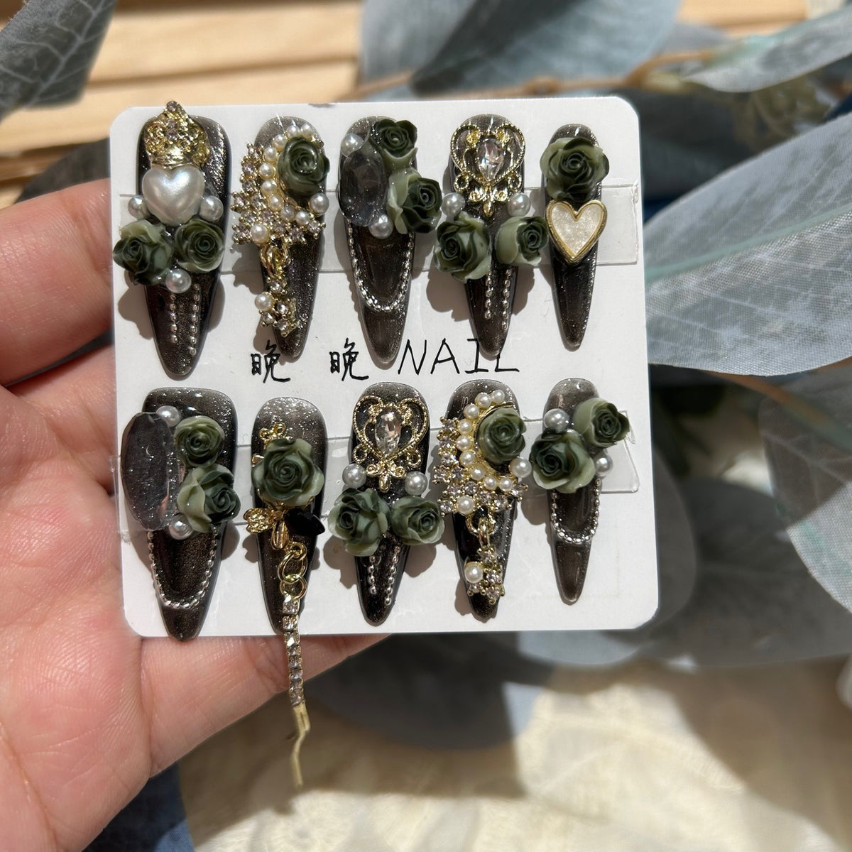 Handmade Dark Smoky Glitter Long Stiletto Press On Nails with 3D Olive Green Roses, Gold Filigree Charms, Pearls & Dangling Tassels