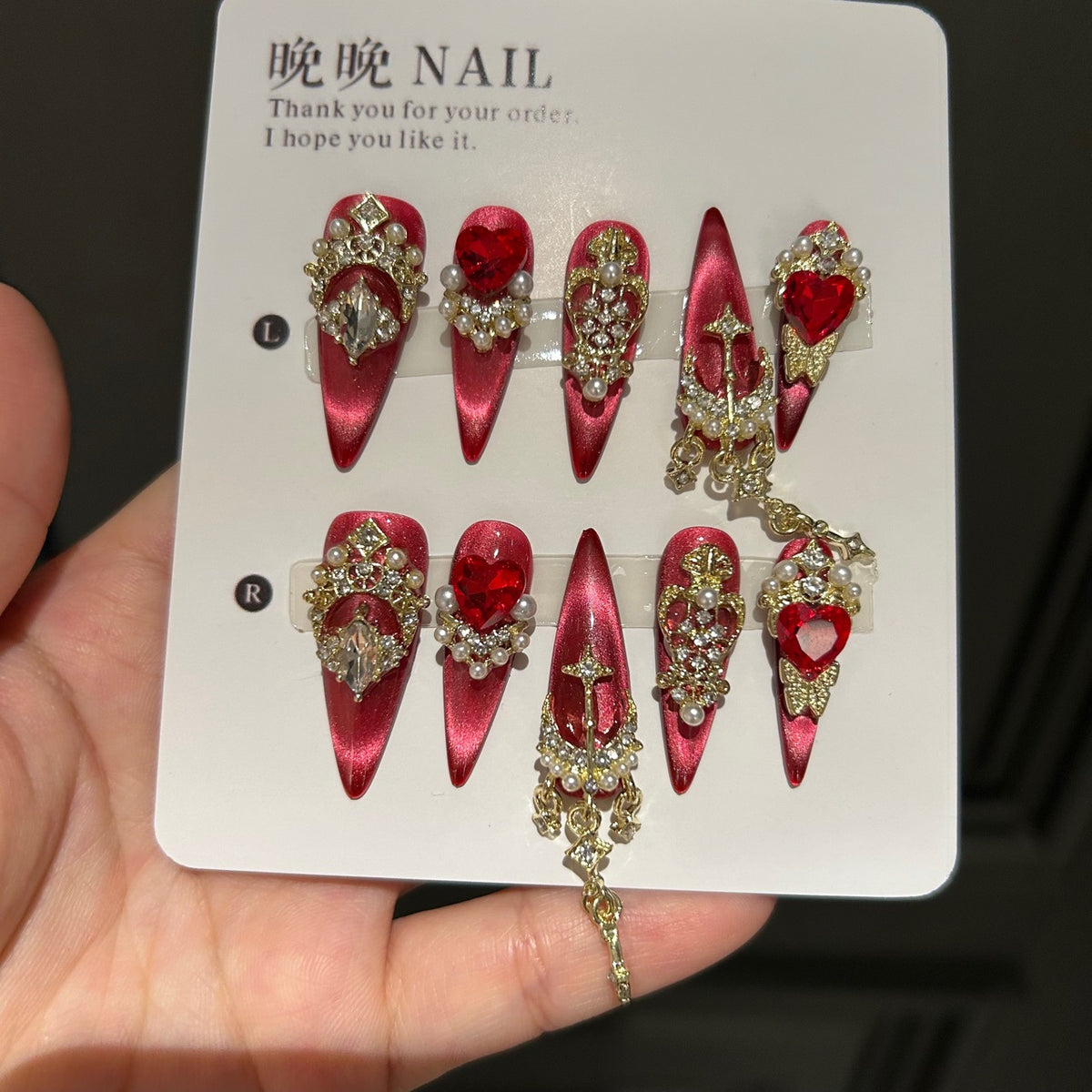 Handmade Red Cat Eye Long Coffin Press On Nails with Red Heart Crystals, Gold Frames & Dangling Gold Chain Charms