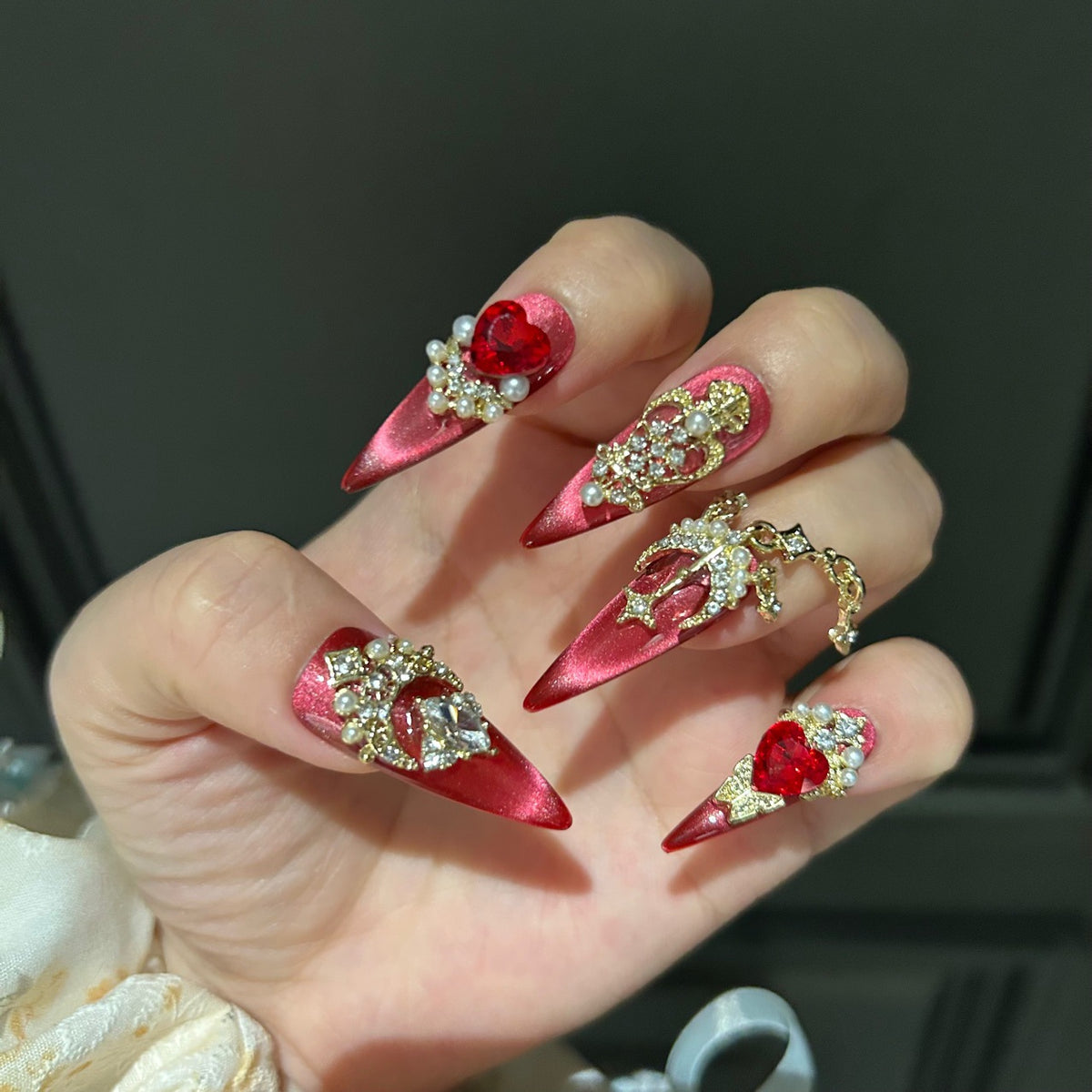 Handmade Red Cat Eye Long Coffin Press On Nails with Red Heart Crystals, Gold Frames & Dangling Gold Chain Charms