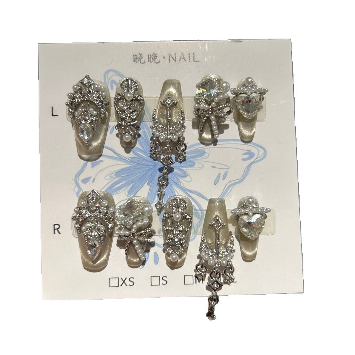 Handmade Cream Champagne Cat Eye Long Stiletto Press On Nails with Silver Rhinestone Filigree, Giant Heart Crystals & Dangling Chains