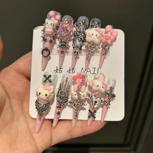Handmade Pink Gothic Hello Kitty Long Stiletto Press On Nails with Spikes, Cross & Wing Charms