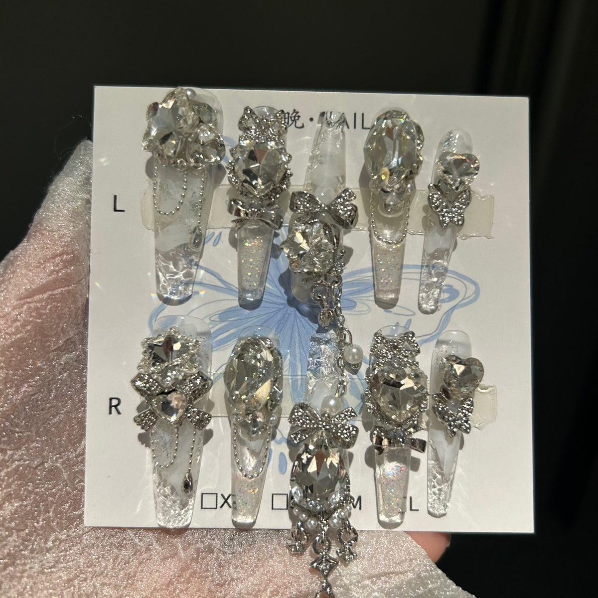Handmade Clear Glitter Long Coffin Press On Nails with Huge Silver Crystal & Rhinestone Bow Charms