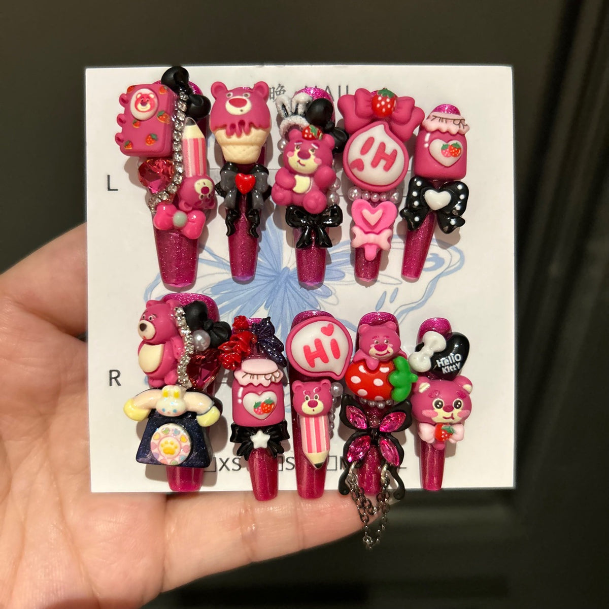 Hot Pink Glitter Coffin Press-on Nails with 3D Lotso Bear, Retro Telephone, Strawberry Ice Cream, Speech Bubble, and Interlinked Chain - Y2K Kawaii Fake Nail Set
