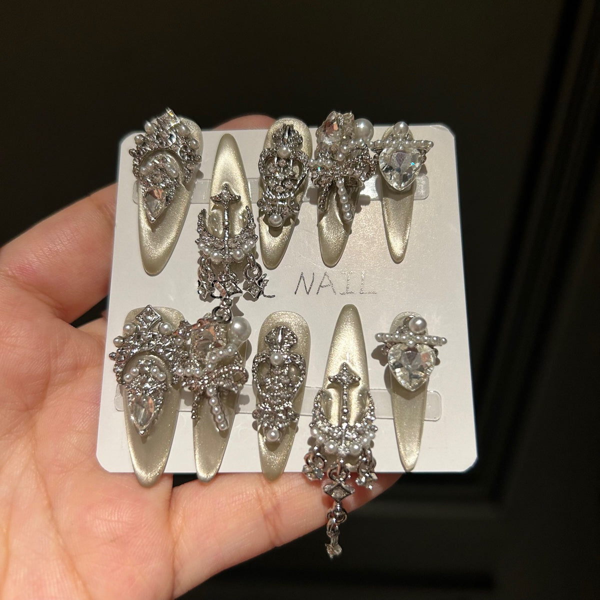 Handmade Champagne Gold Crown Long Stiletto Press On Nails with Pearls, Heart Crystals & Dangling Charms