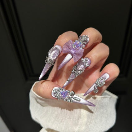 Handmade Lavender Metallic Long Stiletto Press On Nails with Iridescent 3D Roses, Glitter Bows, Rhinestone Butterfly & Crown Charms, Pearl Accents