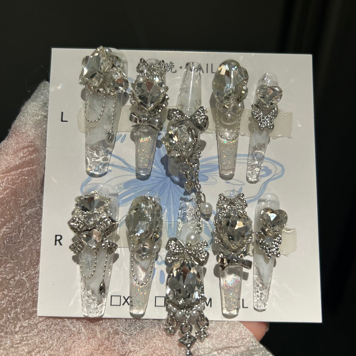 Handmade Clear Glitter Long Coffin Press On Nails with Huge Silver Crystal & Rhinestone Bow Charms