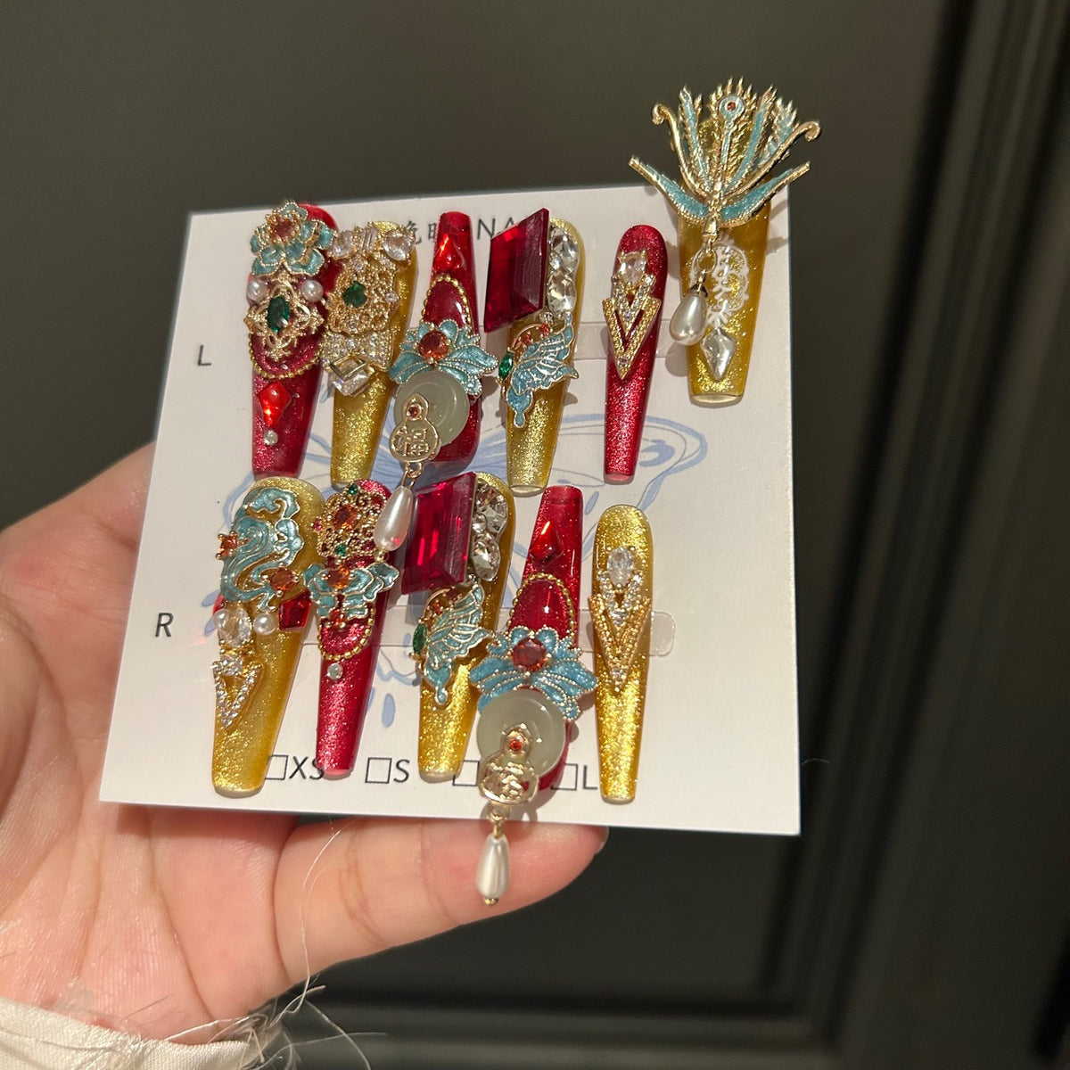 Handmade Chinese Style Red & Gold Long Coffin Press On Nails with Phoenix Metal Charms, Jade Accents, Red Gems, Pearls & Dangling Pendants