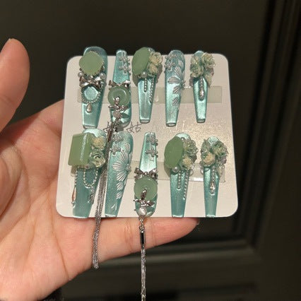 Handmade Mint Green Cat Eye Long Coffin Press On Nails with Jade Charms, 3D Roses & Silver Tassel Chains