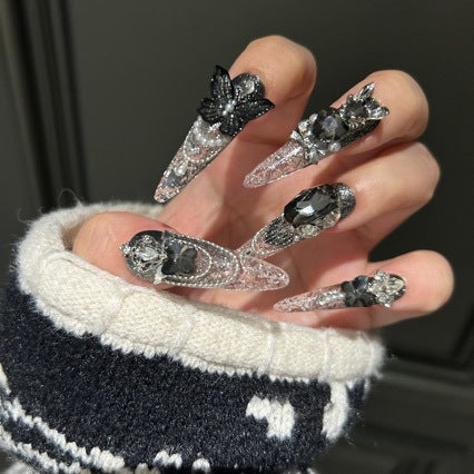 Handmade Gothic Butterfly Press On Nails, Long Stiletto Silver Black Gradient Glitter False Nails with Dangling Metal Chain Charms, Reusable Fake Nails for Party Cosplay