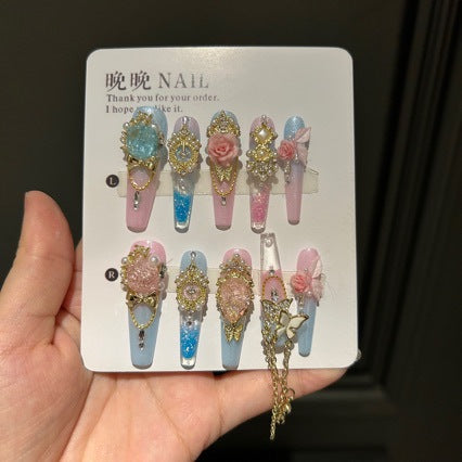 Handmade Pink Blue Ombre Gold Rose Long Coffin Press On Nails with Crystals & Chains