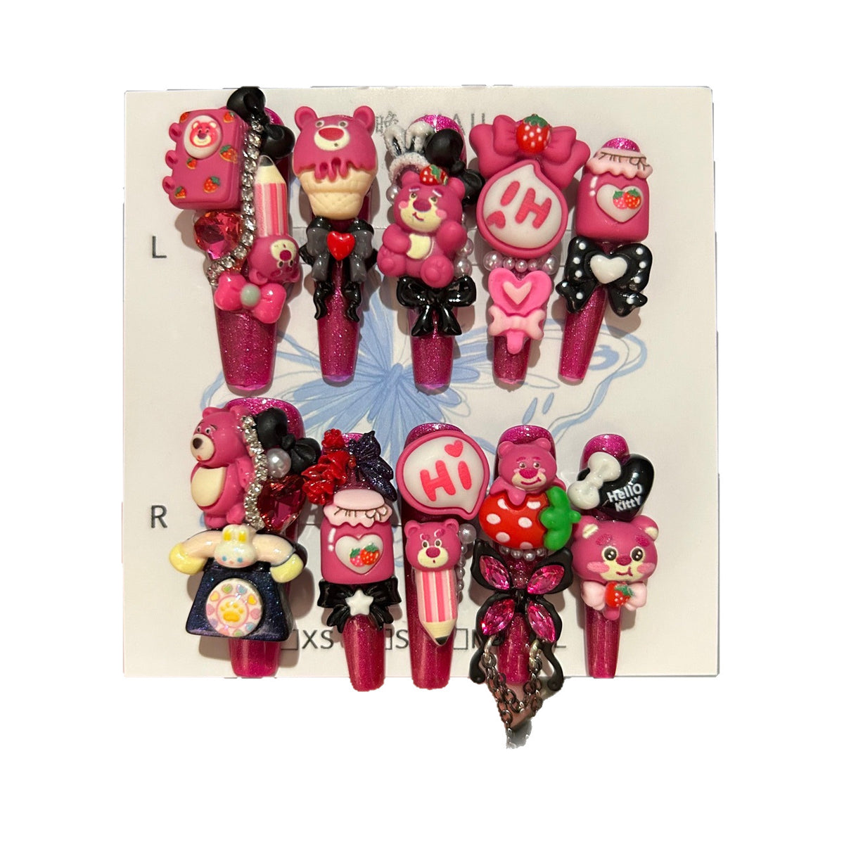 Hot Pink Glitter Coffin Press-on Nails with 3D Lotso Bear, Retro Telephone, Strawberry Ice Cream, Speech Bubble, and Interlinked Chain - Y2K Kawaii Fake Nail Set