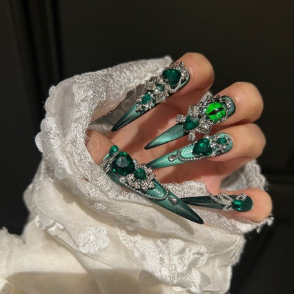 Handmade Emerald Green Cat Eye Long Stiletto Press On Nails with Evil Eye & Large Green Heart Crystal Charms