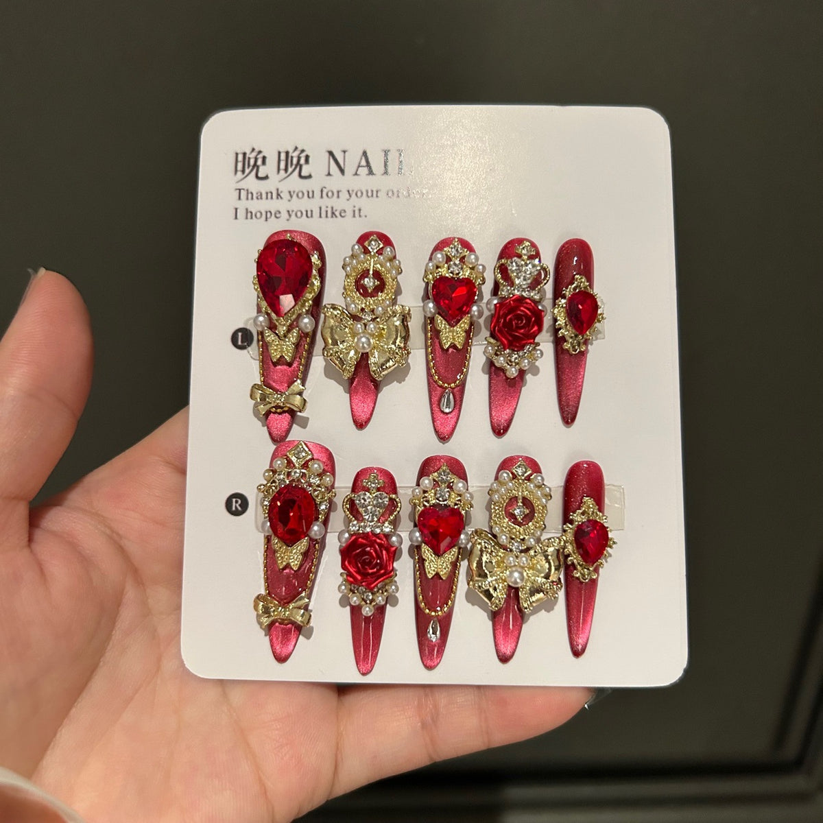 Handmade Red Metallic Long Stiletto Press On Nails with Red Heart Crystals, Gold Frame & 3D Red Rose Charms