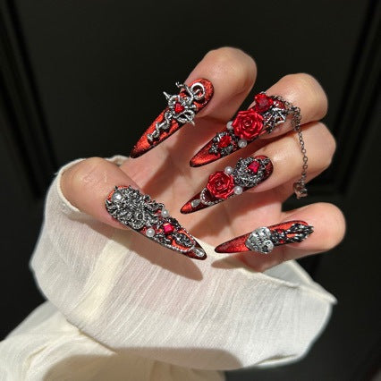 Handmade Red Black Metallic Long Stiletto Press On Nails with 3D Red Roses, Snake Charms, Red Crystals, Silver Rhinestones & Dangling Metal Chains