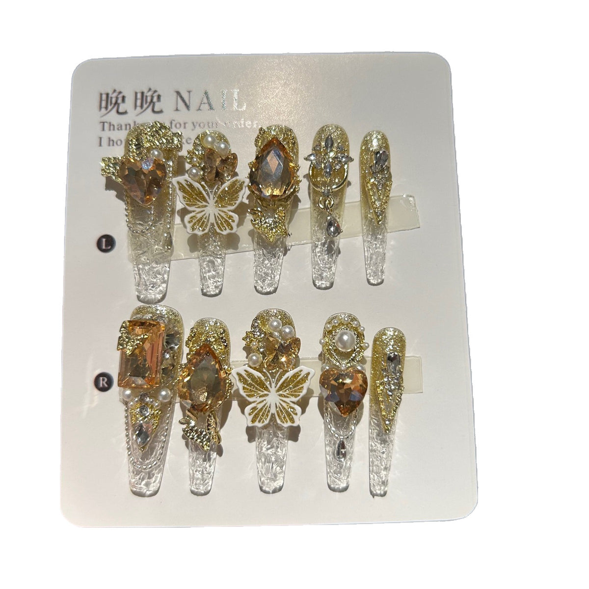 Handmade Clear Gold Glitter Long Stiletto Press On Nails, 3D White Butterfly False Nails with Champagne Heart Gems, Pearls & Rhinestones