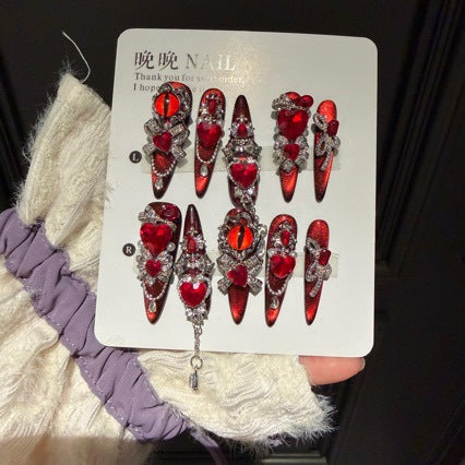 Handmade Red Evil Eye Press On Nails | Luxury Heavy Industry Rhinestone & 3D Heart Reusable Fake Nails, Dark Goth Red Cat Eye Nail Art