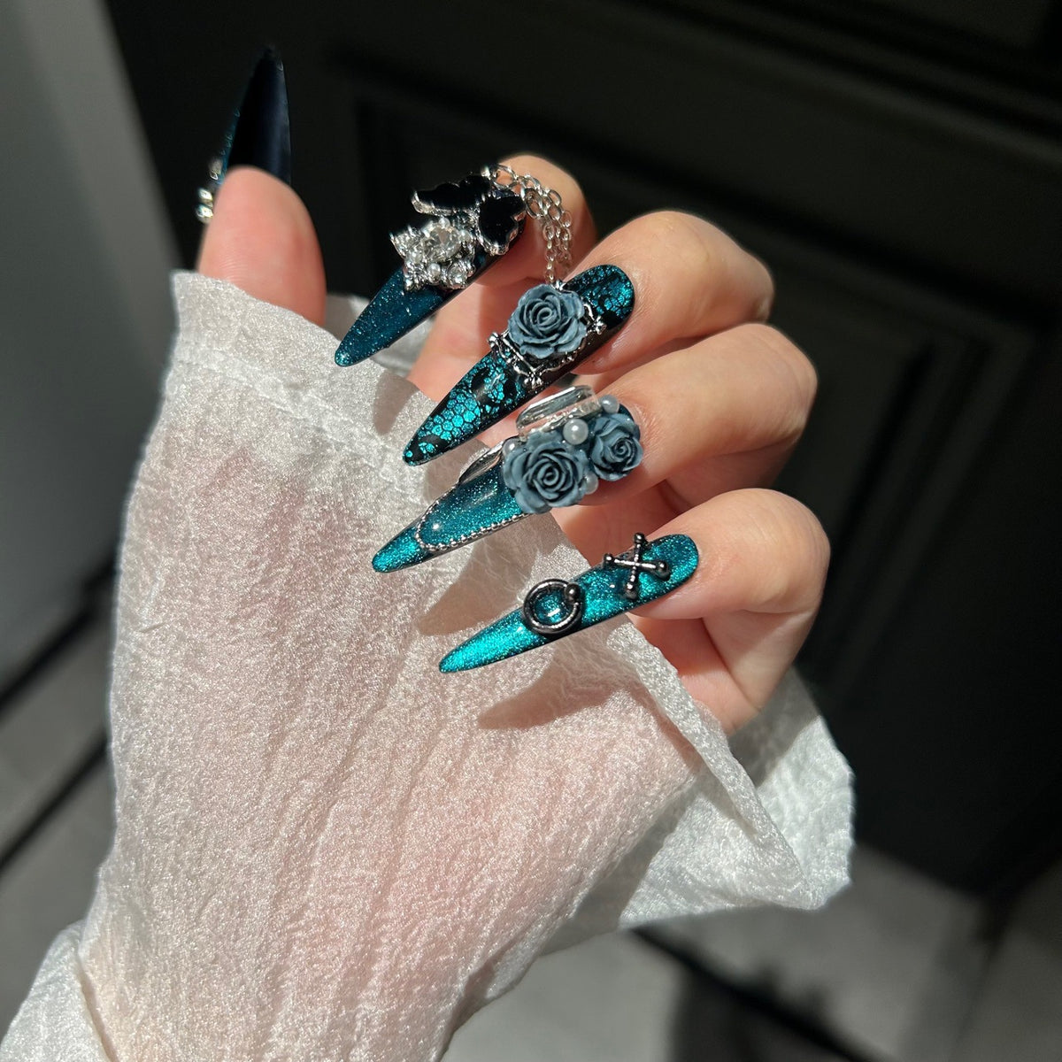 Handmade Teal Glitter Long Stiletto Press On Nails with Dusty Blue 3D Roses, Black Butterfly & Crystal Tassel Charms