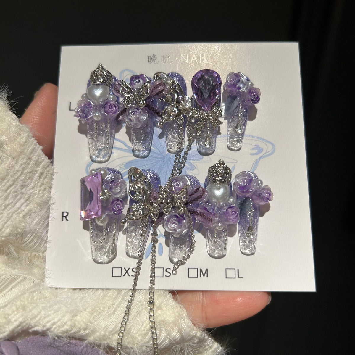 Handmade Purple Ombre Clear Long Stiletto Press On Nails, 3D Purple Rose Butterfly False Nails with Purple Gems & Dangling Silver Chains