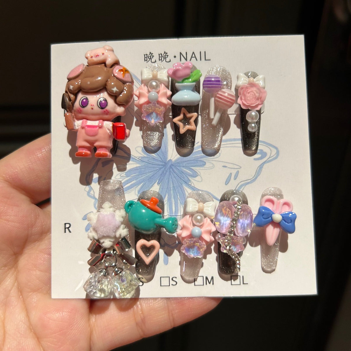 Handmade Black Glitter Long Square Press On Nails with 3D Cartoon Doll Resin Charms, Teapot, Tulip, Lollipop, Roses, Bows & Rhinestone Accents