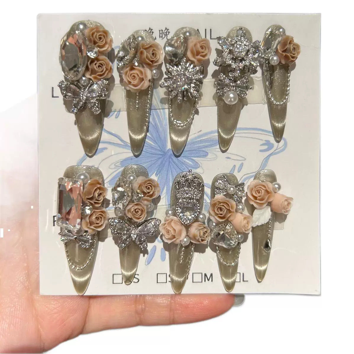 Handcrafted Designer Taupe Press-on Nails - Shimmering Cat Eye Base with Heavy 3D Rose Flowers, Crystals and Chain Drops