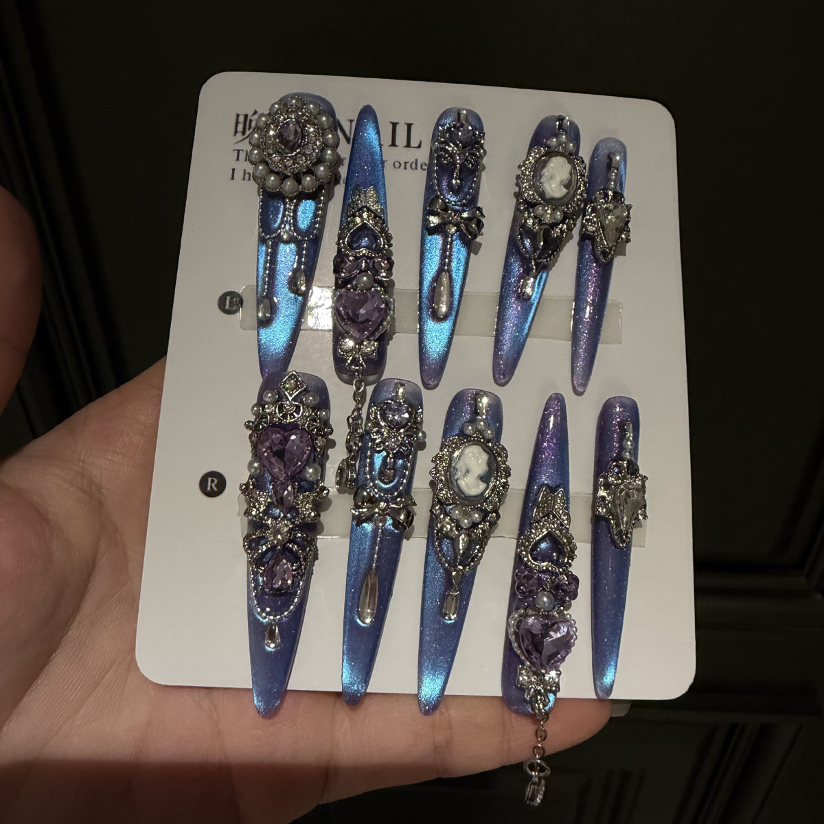 Handmade Blue Purple Cat Eye Long Stiletto Press On Nails with Purple Heart Crystals, Cameo Portrait & Dangling Chain Charms