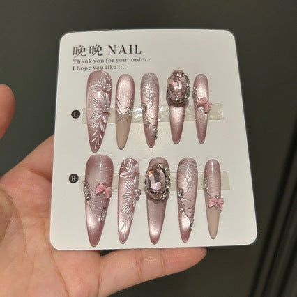 Fairy Core Bridal Luxury Glam Press-on Nails - Long Stiletto with Nude Shimmer Base, Large Crystal and 3D Floral Accents