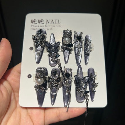 Grey-Purple Cat Eye Stiletto Press-on Nails with 3D Butterfly, Pearl, and Chain Charms - Luxury Gothic Fake Nail Set