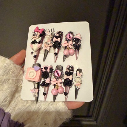 Pink & Black Cat Eye Stiletto Press-on Nails with 3D Cartoon Mouse, Cute Bear, Evil Eye, Cherry Charm, Ice Cream, and Bows - Y2K Sweet Cool Fake Nail Set