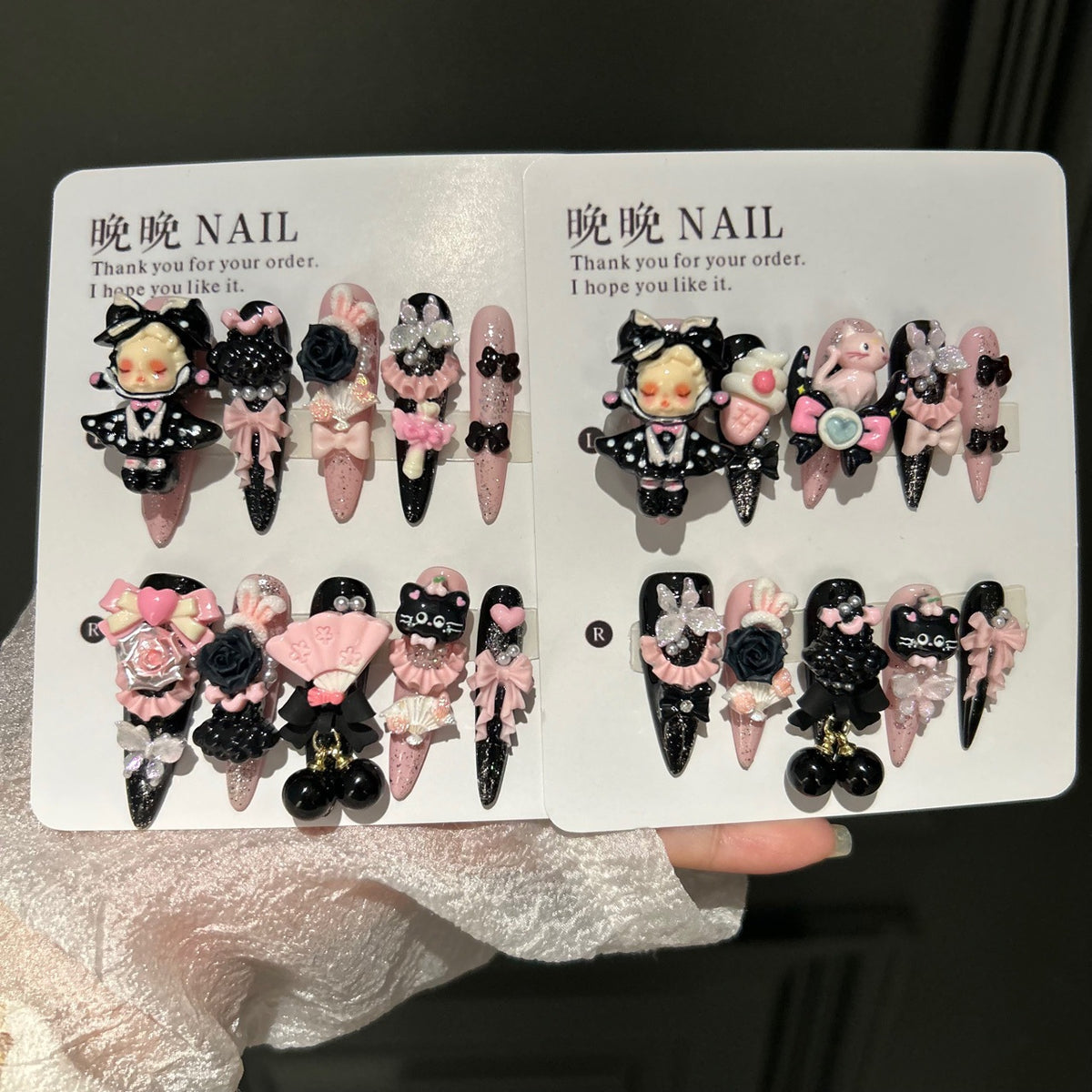 Gothic Black & Pink Cat Eye Stiletto Press-on Nails with 3D Doll Figurine, Black Rose, Cute Cat, Folding Fan, and Cherry Charm - Y2K Sweet Cool Fake Nail Set